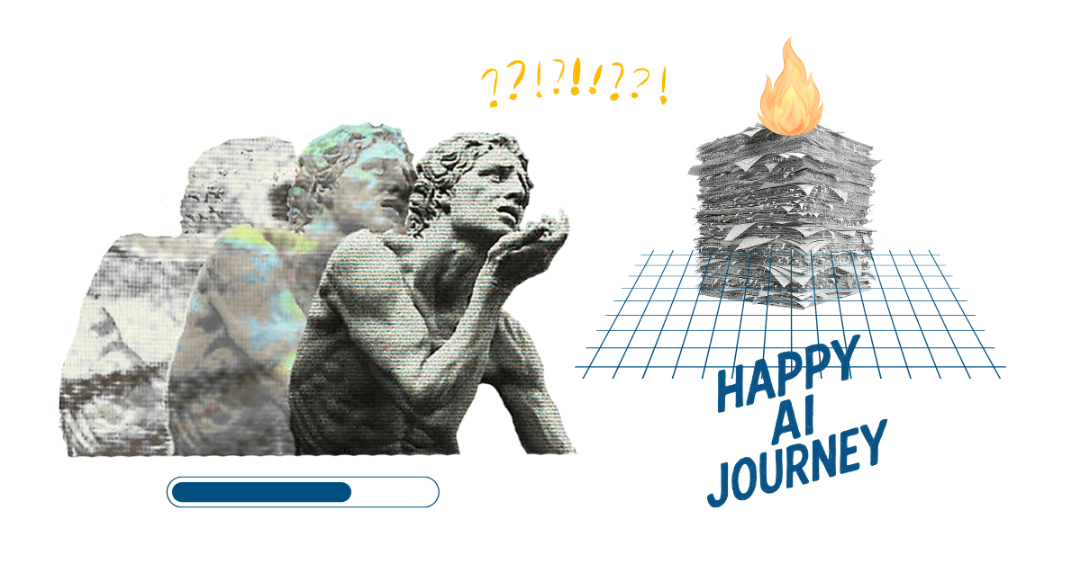 Header-Illustration zum Thema KI-Transformation im Unternehmen begleiten: links drei antike Statuen mit verfremdeten Glitch- und Farbeffekten und Fragezeichen-Symbolen über dem Kopf, rechts ein brennender Papierstapel auf einem blauen Koordinatengitter mit dem ironischen Schriftzug „Happy AI Journey", darunter eine Fortschrittsanzeige.