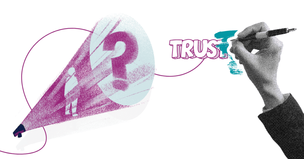 Illustration: Eine Figur steht im Strahl eines großen Fragezeichens, daneben schreibt eine Hand das Wort „TRUST" – Symbolbild für den Weg aus KI-Skepsis zur Souveränität durch Learning Journeys.