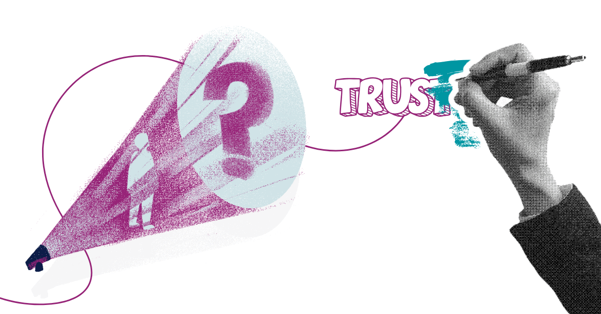 Illustration: Eine Figur steht im Strahl eines großen Fragezeichens, daneben schreibt eine Hand das Wort „TRUST" – Symbolbild für den Weg aus KI-Skepsis zur Souveränität durch Learning Journeys.